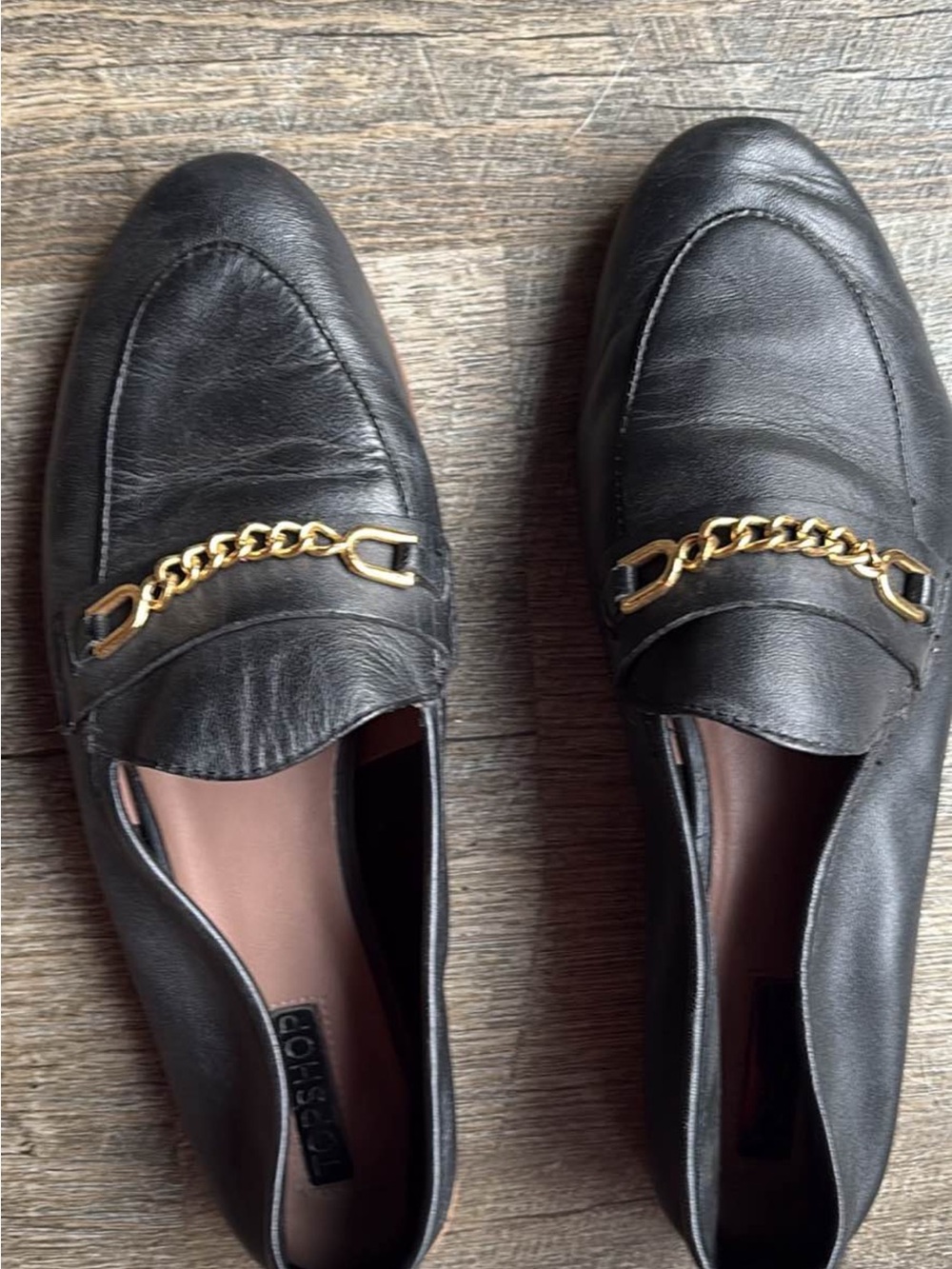 Topshop Black Leather Loafers with Gold Chain Detail